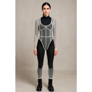 Skims Fine Mesh Catsuit Marble White Festival Hacker Avant-garde Lingerie XL NWT